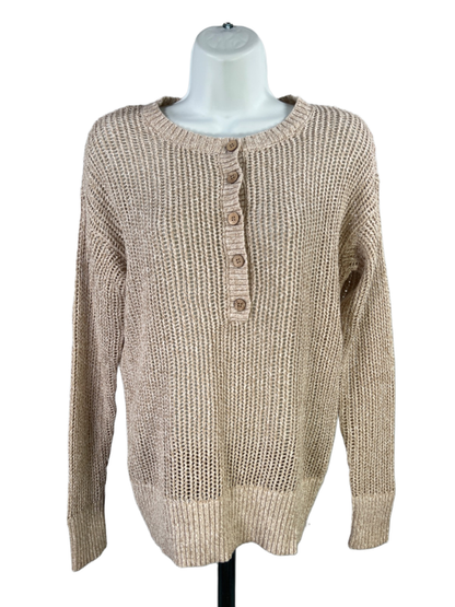 Kate Hill Women's Beige Open Knit Long Sleeve Pullover Henley Sweater - S