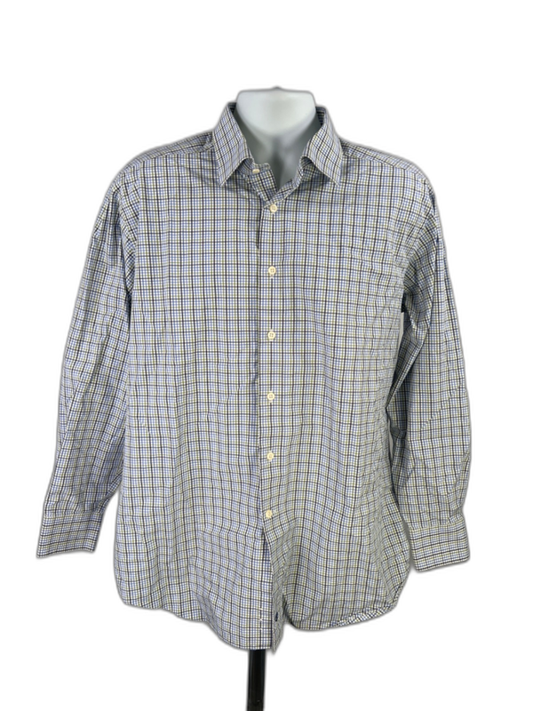 David Donahue Mens Blue/White Checkered Long Sleeve Button Up Shirt - 17.5/34/35