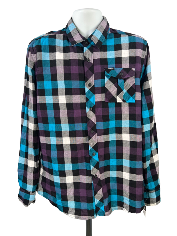 Zoo York Men's Purple/Blue Plaid Long Sleeve Button Up Flannel Shirt - L