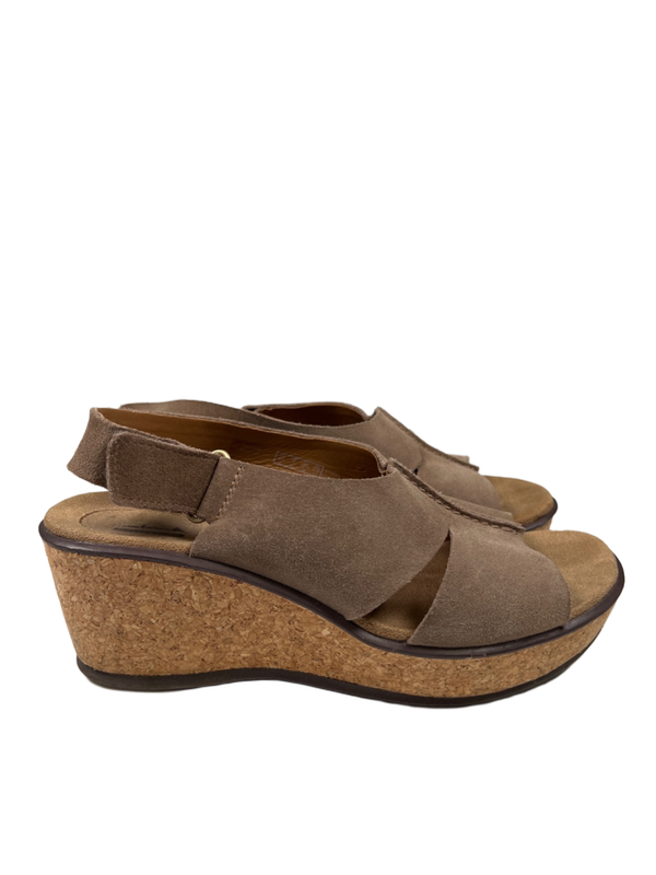 Clarks Collection Women's Tan Suede Cork Open Toe Slingback Wedge Sandals - 7