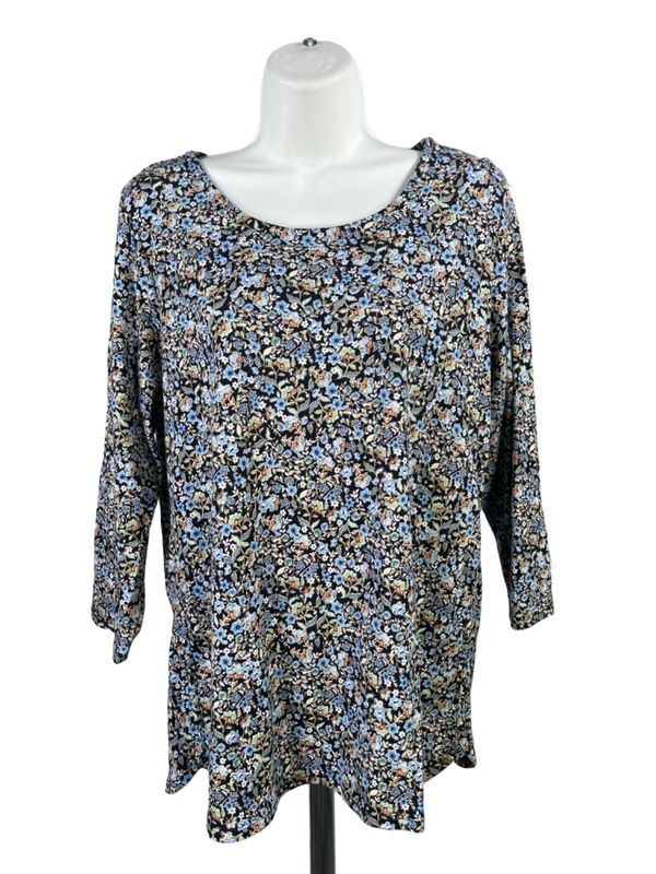 J Jill Women's Black/Blue Floral Scoop Neck 3/4 Sleeve Shirt - L