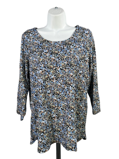 J Jill Women's Black/Blue Floral Scoop Neck 3/4 Sleeve Shirt - L