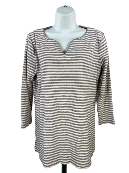 Duluth Trading Women's Gray/White Striped 3/4 Sleeve V-Neck Shirt - M