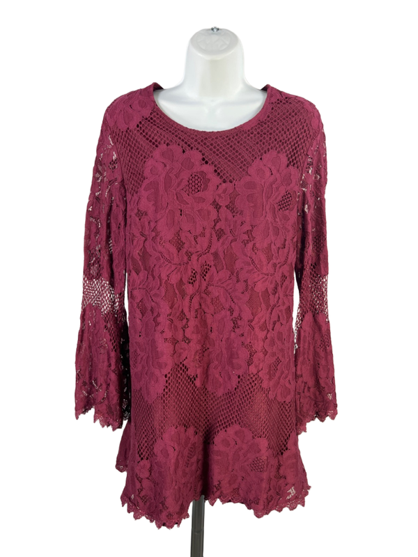 Lulu's Women's Burgundy Lace Lined Long Bell Sleeve Mini Dress - L