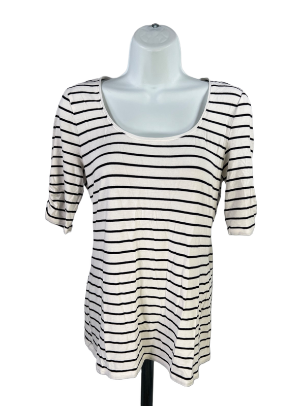 White House Black Market Women's White/Black Striped Short Sleeve Shirt - S