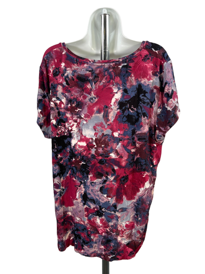 Simply Vera Women's Purple Ribbed Floral Watercolor Short Cap Sleeve Shirt - XXL image 2