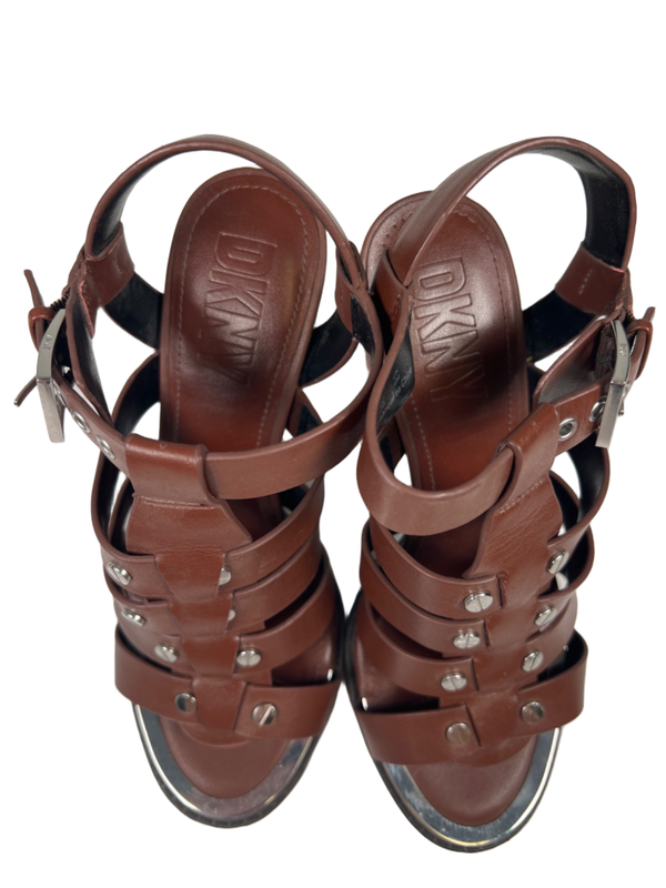 DKNY Women's Brown Leather Bria Cage Studded Slingback Heel Sandals - 6.5 image 3