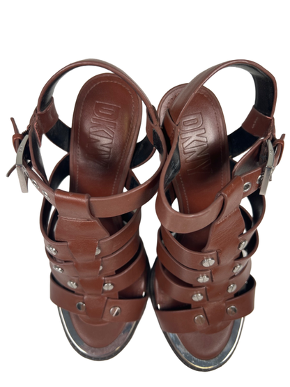 DKNY Women's Brown Leather Bria Cage Studded Slingback Heel Sandals - 6.5 image 3