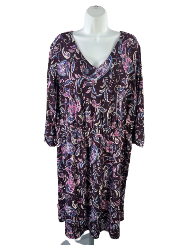 J Jill Women's Purple Paisley V Neck 3/4 Sleeve Midi Dress - 2X Plus