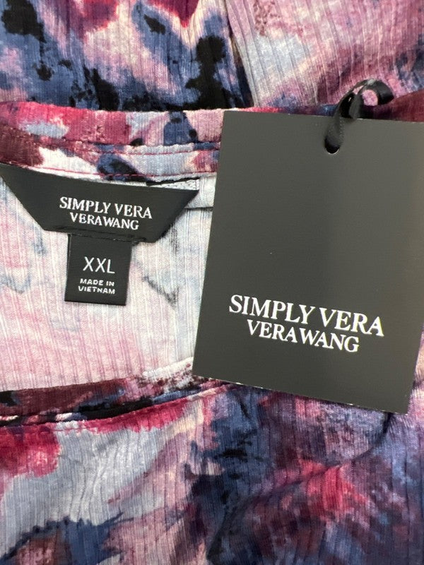 Simply Vera Women's Purple Ribbed Floral Watercolor Short Cap Sleeve Shirt - XXL image 3