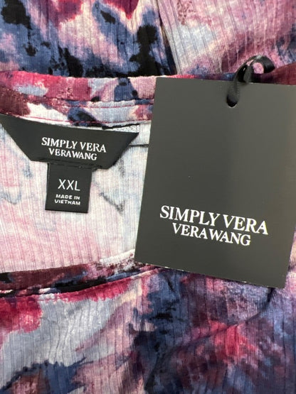 Simply Vera Women's Purple Ribbed Floral Watercolor Short Cap Sleeve Shirt - XXL image 3