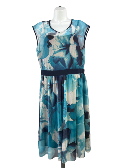 Dressbarn Women's Blue Sleeveless Mesh Lined Floral A-Line Dress - 14