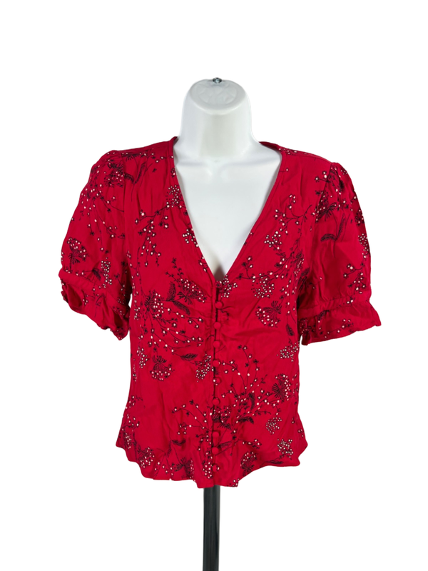 Madewell Women’s Red Windswept Floral Daylight 1/2 Sleeve V-Neck Blouse - 4