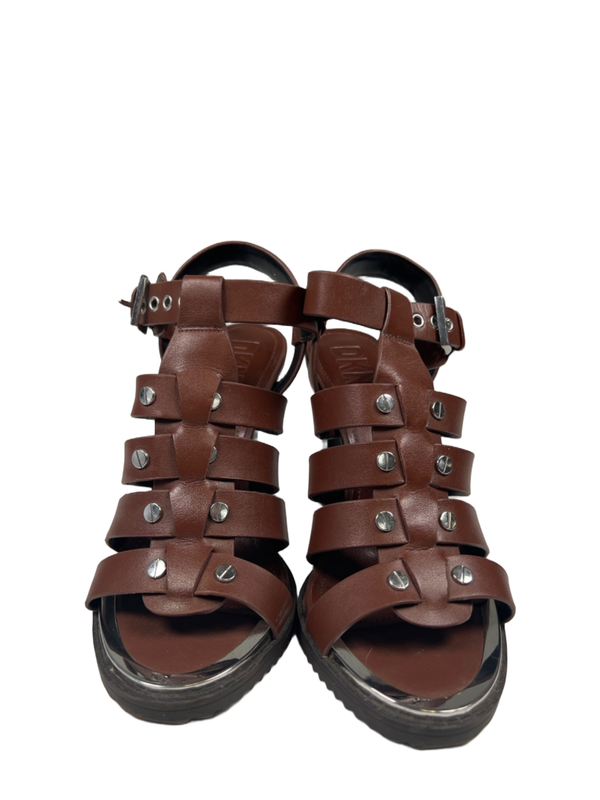 DKNY Women's Brown Leather Bria Cage Studded Slingback Heel Sandals - 6.5 image 2