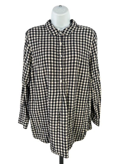 J Jill Women's Black/White Gingham Long Sleeve Half Button Up Shirt - M