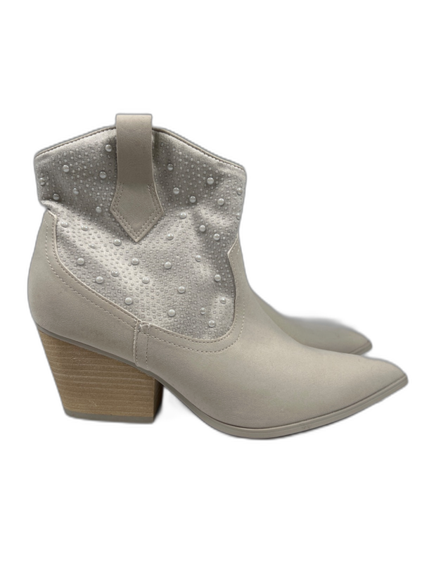 MIA Women's White/Cream Pearl Studded Ankle Western Boots - 7.5