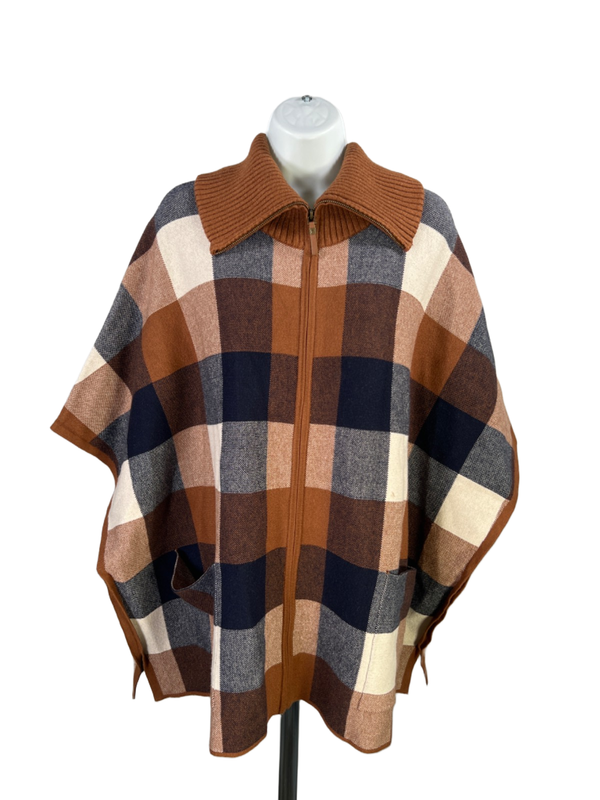Tahari Women's Brown/Blue Plaid Full Zip Sleeveless Sweater Jacket - S/M