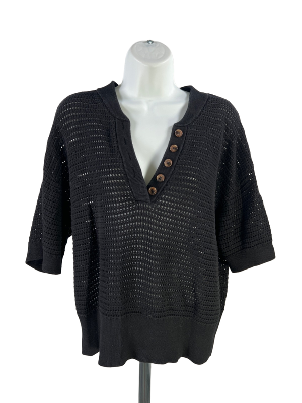 Varley Women's Black Short Sleeve Open Knit V-Neck Sweater - L