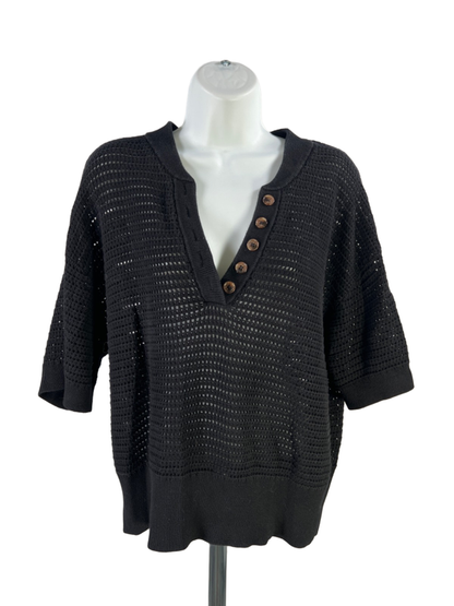 Varley Women's Black Short Sleeve Open Knit V-Neck Sweater - L