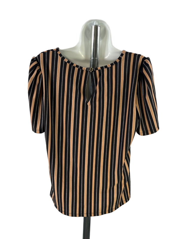 Anne Klein Women's Black/Brown Striped Short Sleeve Keyhole Back Blouse - M image 2