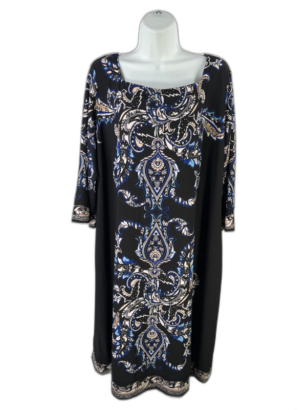 Roz & Ali Women's Black/Blue Paisley 3/4 Sleeve Midi Dress - 2X