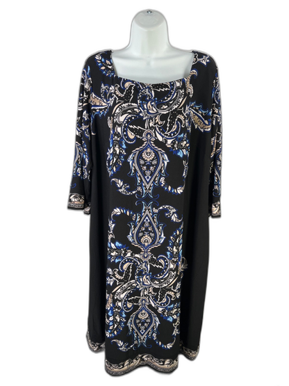 Roz & Ali Women's Black/Blue Paisley 3/4 Sleeve Midi Dress - 2X