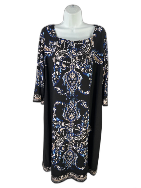Roz & Ali Women's Black/Blue Paisley 3/4 Sleeve Midi Dress - 2X