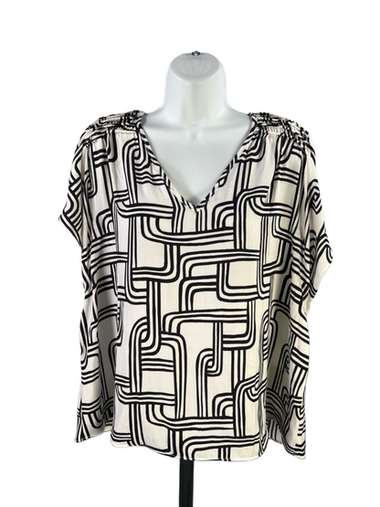 Nine West Women's Black/White Geometric V Neck Short Sleeve Blouse - XXL