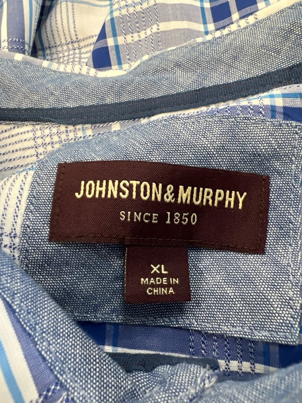 Johnston and Murphy Men's Blue/White Plaid Short Sleeve Button Up Shirt - XL image 3