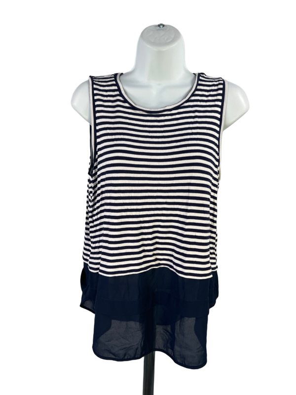Michael Kors Women's Blue/White Striped Layered Sleeveless Blouse - M