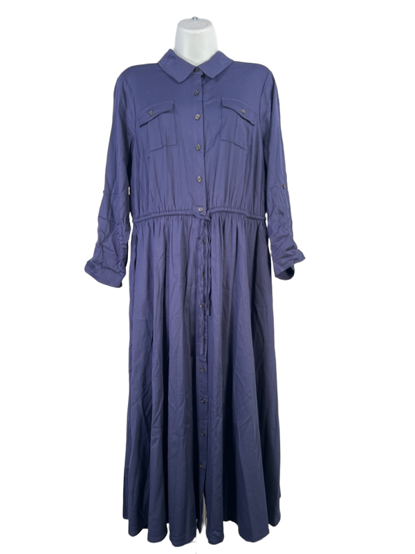 Torrid Women's Blue Challis Long Sleeve Button Up Tie Waist Midi Dress - 0 Plus