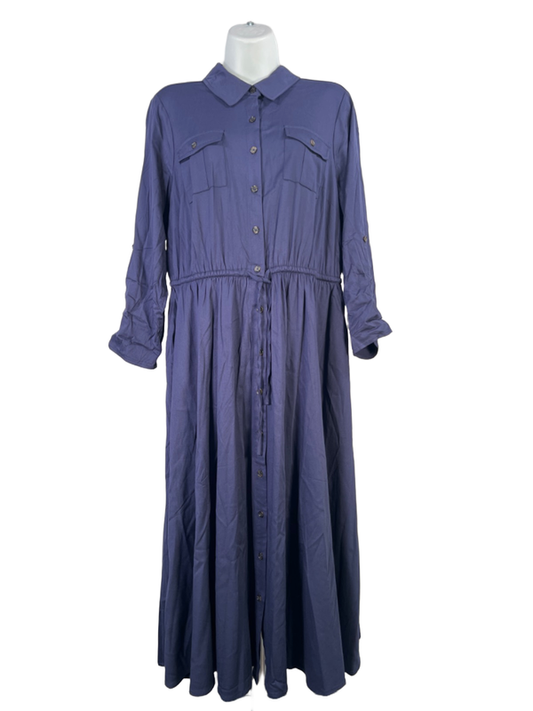 Torrid Women's Blue Challis Long Sleeve Button Up Tie Waist Midi Dress - 0 Plus