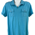 Guess Men's Blue Short Sleeve Pocket Front V-Neck Collared T-Shirt - L