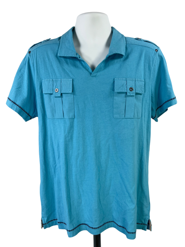 Guess Men's Blue Short Sleeve Pocket Front V-Neck Collared T-Shirt - L