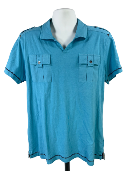 Guess Men's Blue Short Sleeve Pocket Front V-Neck Collared T-Shirt - L