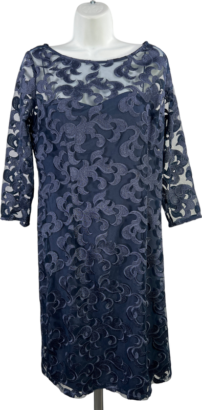 Aidan Mattox Women’s Blue Mesh Embroidered Lined 3/4 Sleeve Sheath Dress - 12