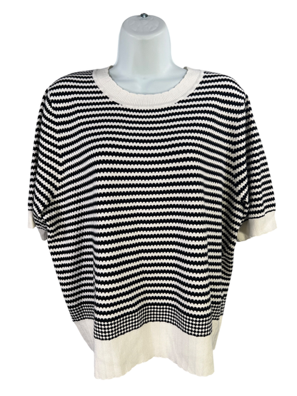 Adrianna Papell Women's Black/White Textured Scalloped Short Sleeve Sweater - XL