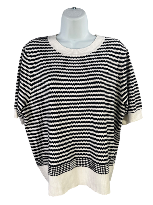 Adrianna Papell Women's Black/White Textured Scalloped Short Sleeve Sweater - XL