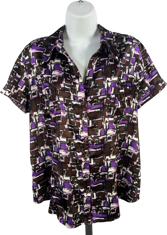 BCBGMaxazria Women’s Purple/Brown Short Sleeve Button Up Blouse - XL