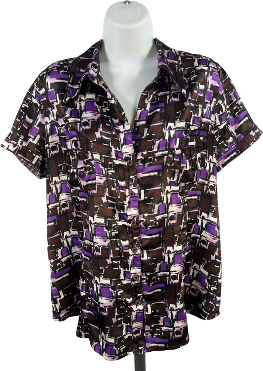 BCBGMaxazria Women’s Purple/Brown Short Sleeve Button Up Blouse - XL