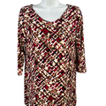 J.Jill Wearever Collection Women's Red Geometric V-Neck 3/4 Sleeve Shirt - XS