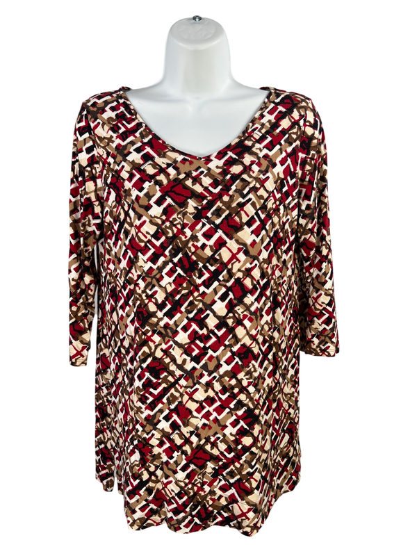 J.Jill Wearever Collection Women's Red Geometric V-Neck 3/4 Sleeve Shirt - XS