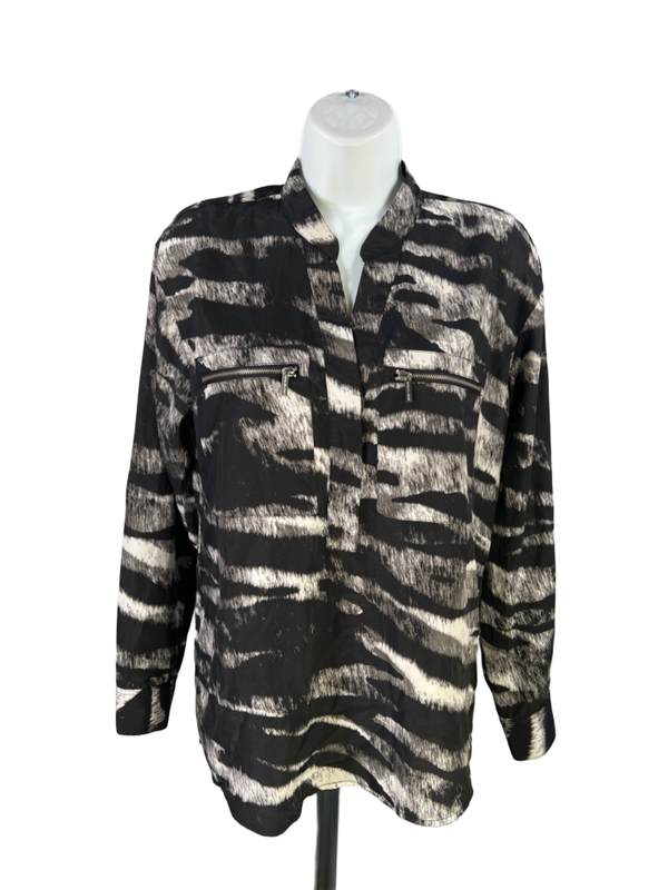 Michael Kors Women's Black/Gray Zipper Pockets Long Sleeve Button Up Shirt - 2