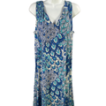 Anne Klein Women's Blue Patterned Lined V Neck Sleeveless Midi Dress - 10