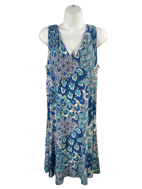 Anne Klein Women's Blue Patterned Lined V Neck Sleeveless Midi Dress - 10