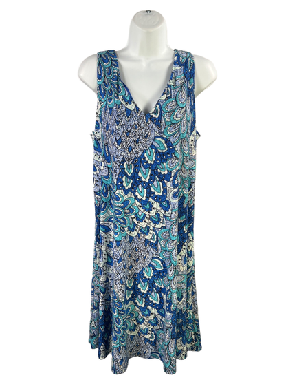 Anne Klein Women's Blue Patterned Lined V Neck Sleeveless Midi Dress - 10