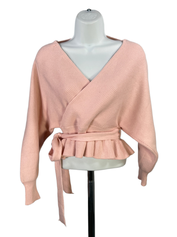 Saints + Secrets Women's Pink Faux Wrap V Neck Cropped Long Sleeve Sweater - S