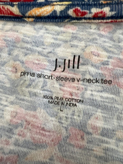 J.Jill Women's Blue/Red Floral Short Sleeve V-Neck T-Shirt - L image 3