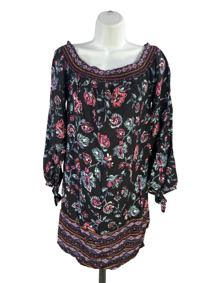 Beachlunchlounge Women's Black/Purple Floral Off-The-Shoulder Tunic Shirt - M