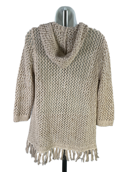 J Jill Women's Beige Open-Weave Open Front Long Sleeve Hooded Cardigan- M Petite image 2